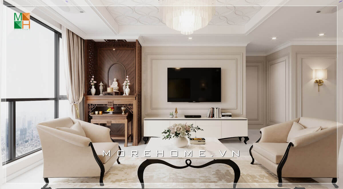 Kệ tivi màu trắng chân gỗ tân cổ điển thiết kế phù hợp với bộ sofa đẳng cấp Thiết kế phòng khách biệt thự