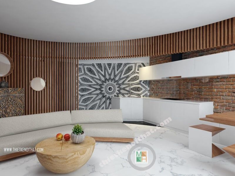 Thiết kế nội thất không gian bếp thay vì các mẫu tủ bếp cổ điển với nhiều chi tiết trang trí là thiết kế bếp hiện đại đa năng với thiết kế phẳng, sáng màu không tay nắm giúp không gian bếp được mở rộng và thông thoáng hơn. Thiết kế chung cư