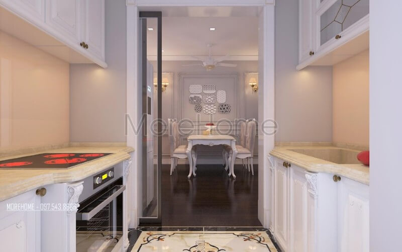 Nội thất phòng ăn chung cư được thiết kế liền kề với không gian bếp giúp cho gia chủ dễ dàng thuận tiện hơn trong quá trình dùng bữa. Mẫu thiết kế nội thất chung cư đẹp