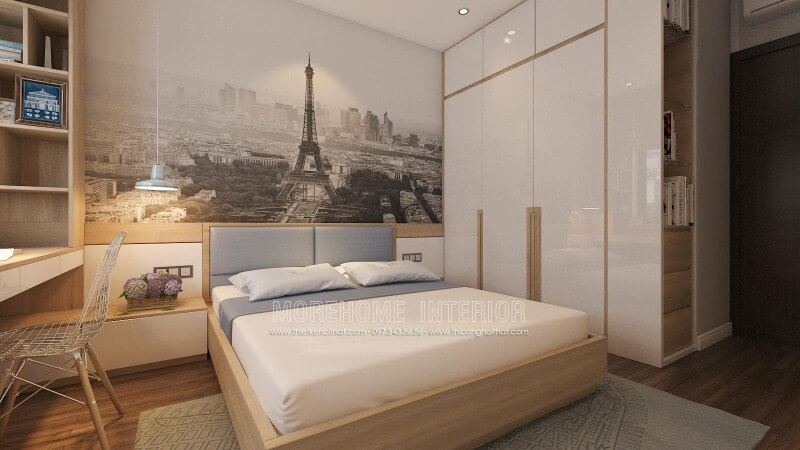 Ý tưởng sáng tạo trong thiết kế nội thất phòng ngủ nhỏ nhưng tiện ghi với tab đầu giường làm kệ trang trí, tủ quần áo lồng với kệ để đồ cùng đèn thả ấn tượng giúp không gian phòng ngủ luôn đẹp và thông thoáng. Mẫu thiết kế nội thất chung cư đẹp