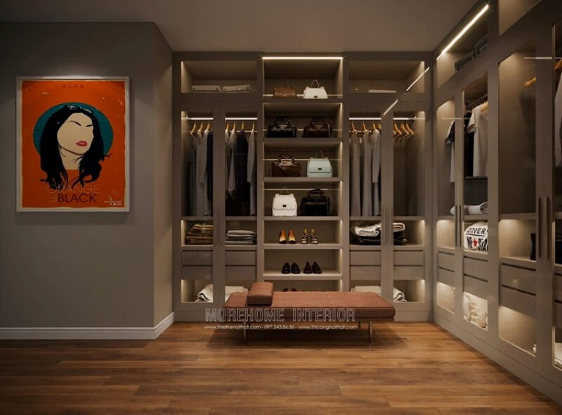 Ấn tượng với không gian hiện đại từ tủ quần áo gỗ acrylic sáng bóng. Thiết kế chung cư