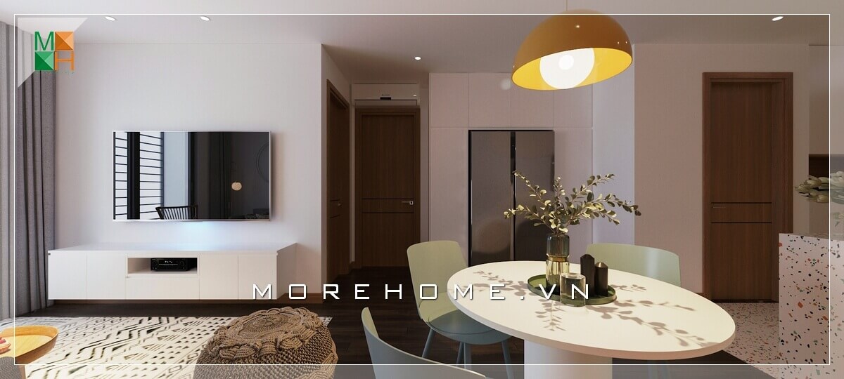 Thiết kế, sắp xếp nội thất phòng khách kết hợp phòng bếp ăn hiện đại phù hợp cho diện tích chung cư nhỏ đầy ấn tượng. Thiết kế chung cư