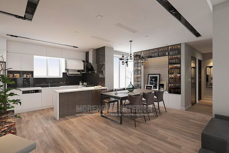 Thiết kế phòng bếp chung cư hiện đại với hệ tủ bếp acrylic thông minh cùng bộ bàn ăn gỗ cao cấp được nhiều gia chủ yêu thích và hướng đến Xu hướng thiết kế phòng bếp đẹp và sang trọng