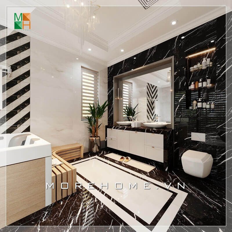 Mẫu thiết kế phòng tắm tiện nghi, hiện đại đầy đủ tiện nghi dành cho biệt thự. Sử dụng tone màu chủ đạo là trắng đen. Thiết kế bục gỗ buồng tắm thông minh và sáng tạo cộng thêm một cái gương soi to hiện đại giúp căn phòng tắm trở nên tiện nghi và sang trọng hơn.
