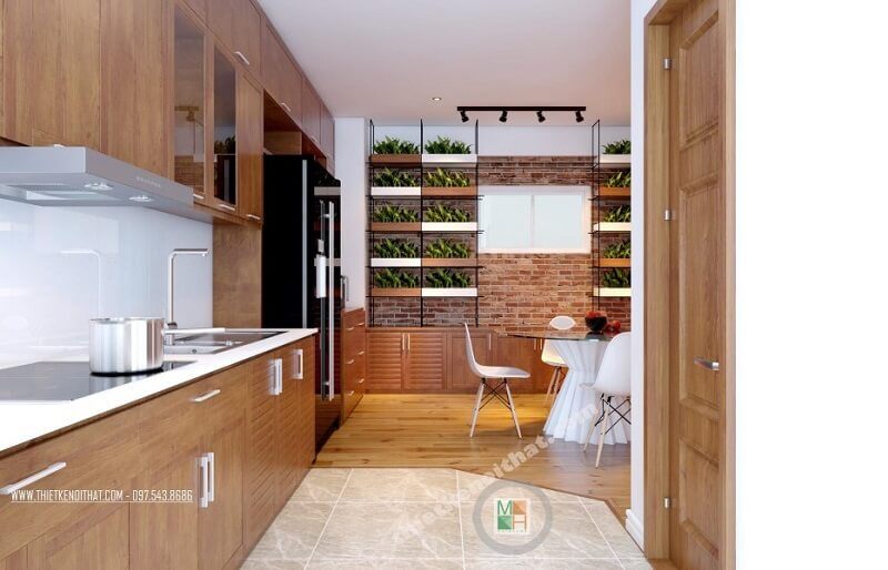 Mẫu thiết kế nội thất phòng bếp chung cư cao cấp tiện nghi với đồ nội thất gỗ hiện đại cao cấp và tận dụng tối đa ánh sáng tự nhiên