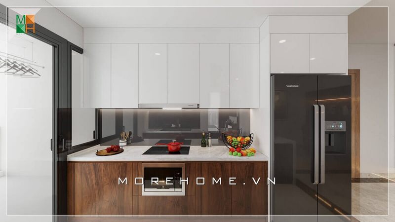 Mẫu thiết kế tủ bếp chữ I gỗ công nghiệp Acrylic bóng gương kết hợp veneer gỗ óc chó kiểu dáng đơn giản, tạo nên vẻ đẹp cao cấp hiện đại cho phòng bếp của bạn