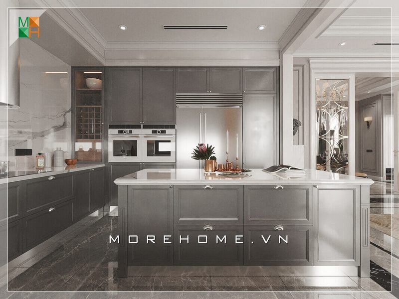 Mẫu tủ gỗ thiết kế âm tường và đảo bếp tiện nghi sang trọng đầy đủ nội thất giúp căn phòng bếp trở nên sang trọng và đẳng cấp.