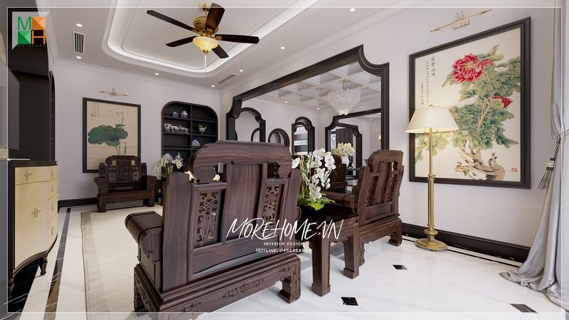 Khi thấy mẫu thiết kế phòng khách mang phong cách thiết kế Indochine của đội ngũ KTS của Morehome, tôi đã rất ấn tượng.