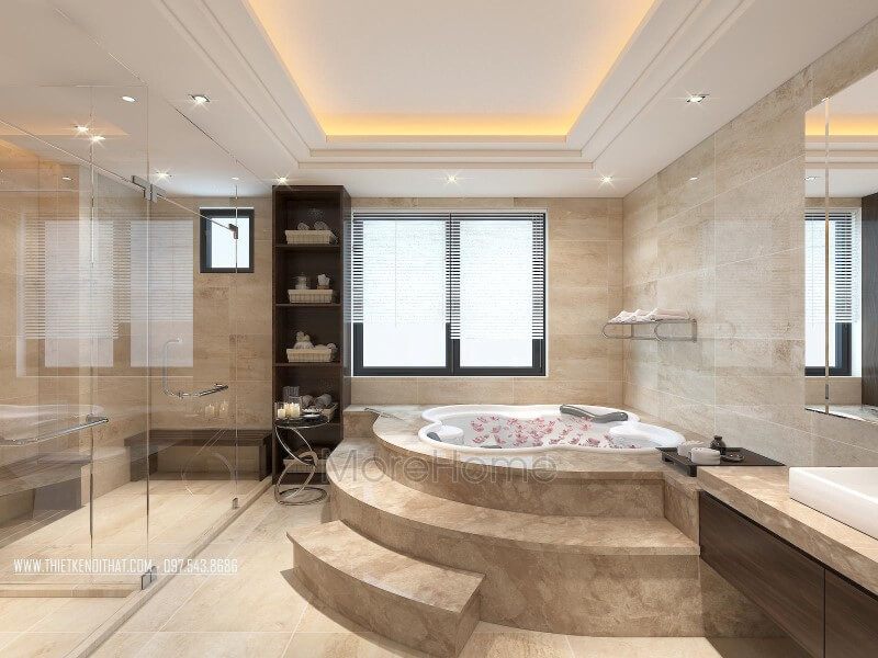 Nội thất phòng tắm hiện đại có thiết kế ấn tượng, tạo nên vẻ đẹp sang trọng và cung cấp nhiều tiện nghi cho các căn nhà phốbiệt thự.