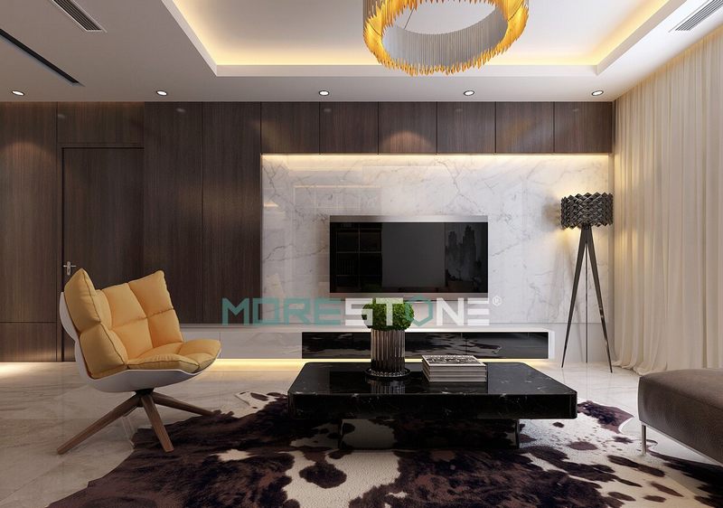 Thiết kế vách tivi bằng đá tự nhiên màu trắng hiện đại và sang trọng